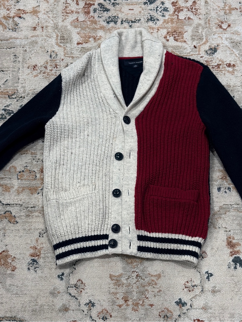 Tommy Hilfiger XS Colorblock Knit Cardigan Sweater – Red White Navy Shawl Collar